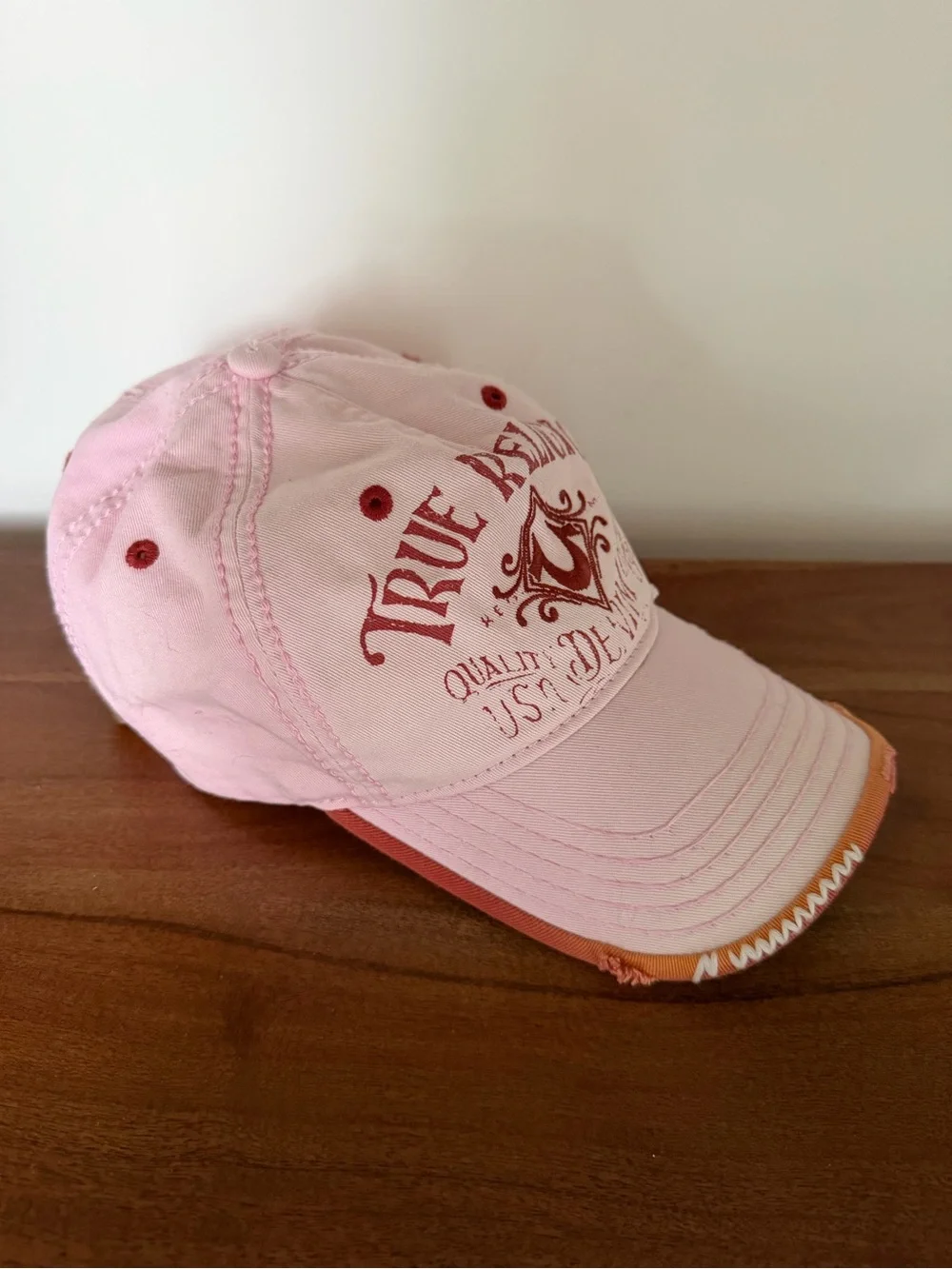 Vintage 90s Y2K True Religion Trucker Baseball Cap Distressed Adjustable pink